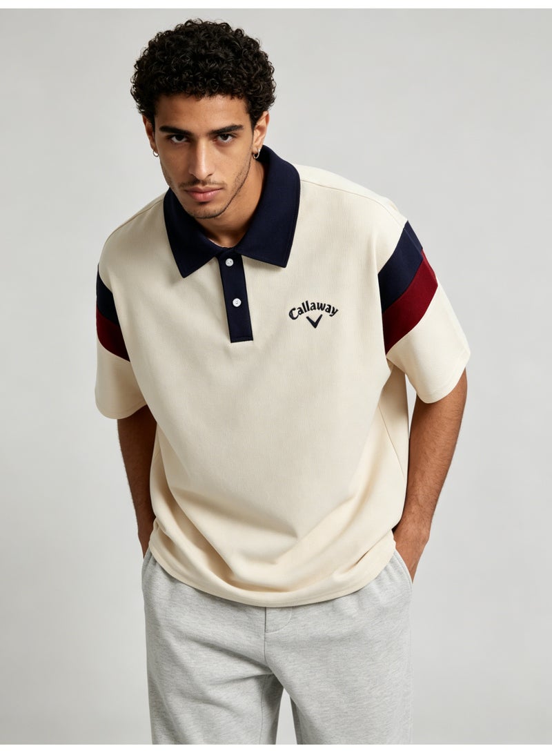 Callaway American retro stitching shoulder five-point Polo shirt with contrasting sleeves loose plus size men's casual golf T-shirt - Image 5