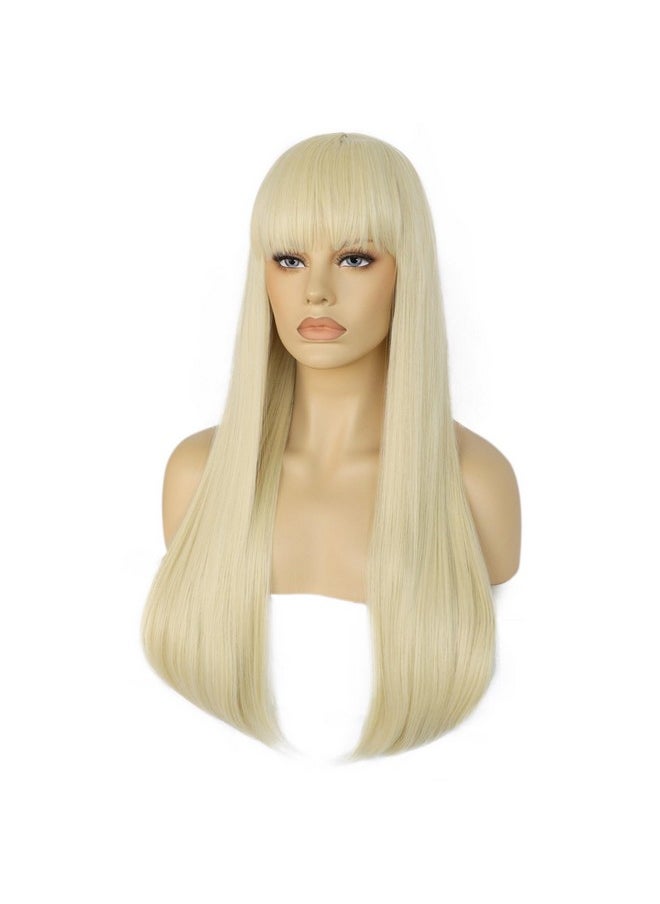 Ebingoo 26 Inch Platinum Blonde Wig With Bangs For Women+Wig Cap Long Blonde Wig For Cosplay Straight Blonde Wig For Halloween Party Costume Synthetic Platinum Wig With Natural Looking  - Image 5