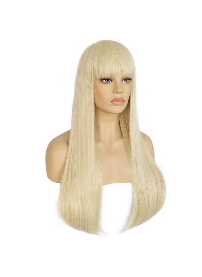 Ebingoo 26 Inch Platinum Blonde Wig With Bangs For Women+Wig Cap Long Blonde Wig For Cosplay Straight Blonde Wig For Halloween Party Costume Synthetic Platinum Wig With Natural Looking  - Image 4