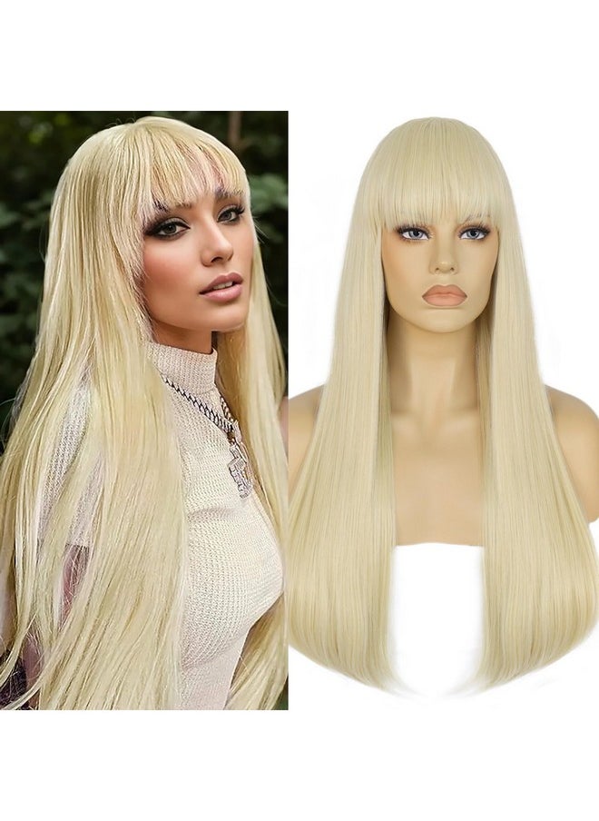Ebingoo 26 Inch Platinum Blonde Wig With Bangs For Women+Wig Cap Long Blonde Wig For Cosplay Straight Blonde Wig For Halloween Party Costume Synthetic Platinum Wig With Natural Looking  - Image 2