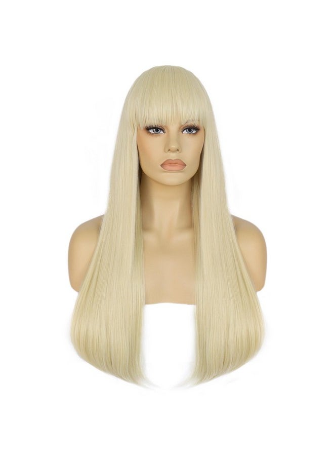 Ebingoo 26 Inch Platinum Blonde Wig With Bangs For Women+Wig Cap Long Blonde Wig For Cosplay Straight Blonde Wig For Halloween Party Costume Synthetic Platinum Wig With Natural Looking  - Image 3