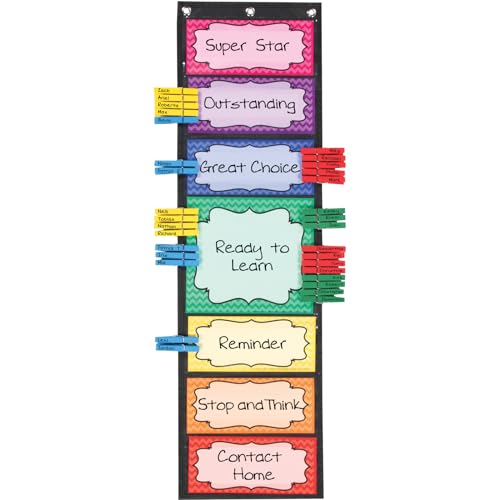 Really Good Stuff Classroom Behavior EZ-Tuck Clip-N-Track Pocket Chart and Clothespins - Track Student Actions Easily Each Day - Classroom Essentials & Must Haves - Image 1