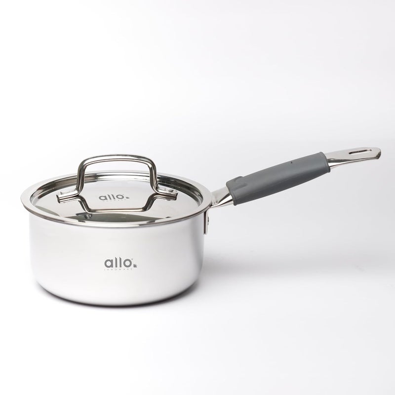 Allo Triply Stainless Steel Sauce TriPly Tea Pan/MilkPan, For Chai/Boil/Warm/Herb-Spice-Infusion, Heat Resist Handle with Lid Induction Friendly Naturally Non-Stick,10 Years Warranty, 20cm, 3.3 litres - Image 1