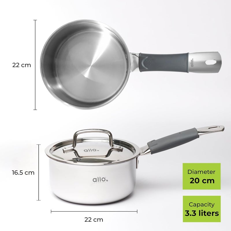 Allo Triply Stainless Steel Sauce TriPly Tea Pan/MilkPan, For Chai/Boil/Warm/Herb-Spice-Infusion, Heat Resist Handle with Lid Induction Friendly Naturally Non-Stick,10 Years Warranty, 20cm, 3.3 litres - Image 4
