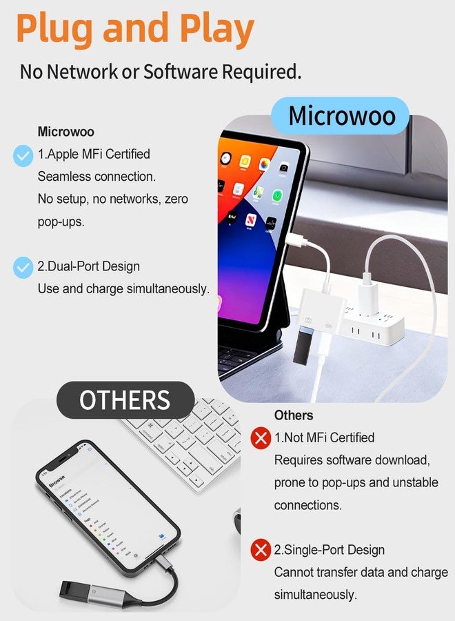 Microwoo [Apple MFi Certified] Lightning to USB Camera Adapter with Charging Port for iPhone, USB3.0 Female OTG Adapter Compatible with iPhone/iPad Card, Readers, USB Flash Drives, Keyboards, Mice 2 Pack - Image 5