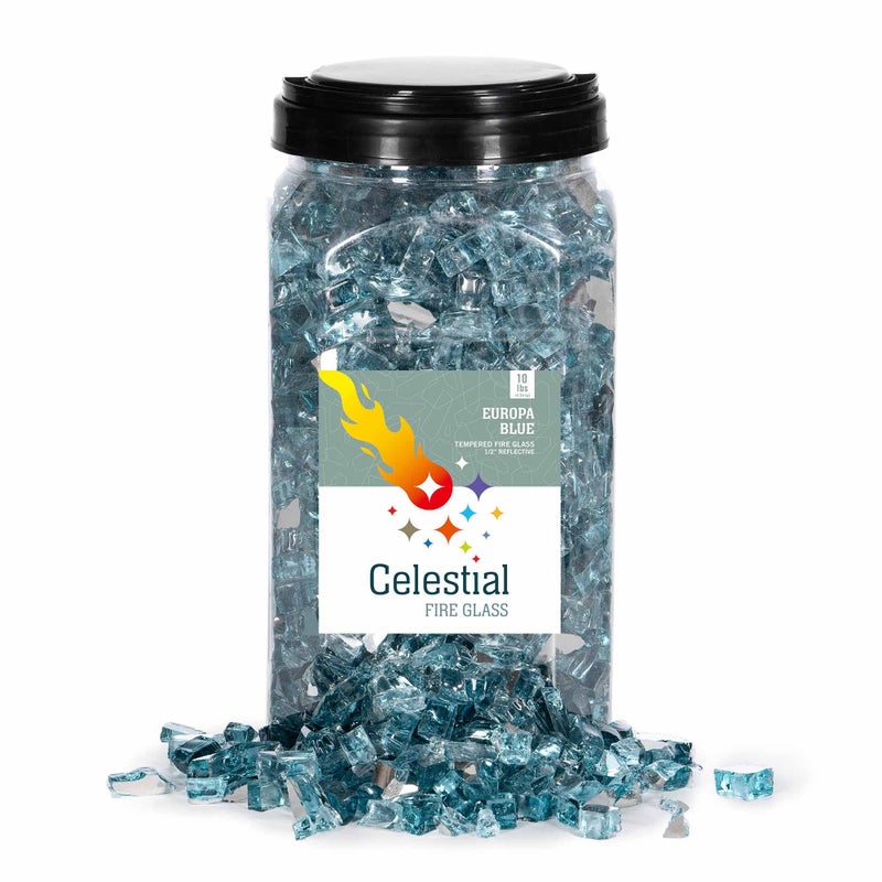 Celestial Fire Glass High Luster 12 Reflective Tempered Fire Glass in Europa Blue  10 Pound Jar