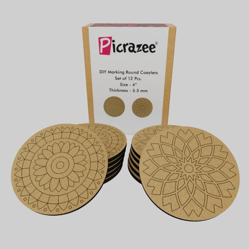 PICRAZEE أطباق دائرية مسبقة العلامة من خشب الصنوبر الهندسي MDF 12 (تصميمان 6 أطباق لكل منهما) بقطر 4 بوصات وسمك 5.5 مم - مثالية للفنون والحرف اليدوية، فن الراتنج، الديكوباج، ومشاريع DIY - Image 1