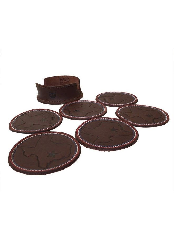 Durable Thick Leather Texas State Lone Star Coasters With Stitching (6Pack) Handmade Includes 101 Year Warranty :: Bourbon Brown