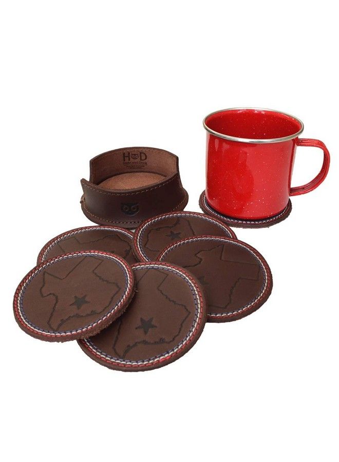Durable Thick Leather Texas State Lone Star Coasters With Stitching (6Pack) Handmade Includes 101 Year Warranty :: Bourbon Brown