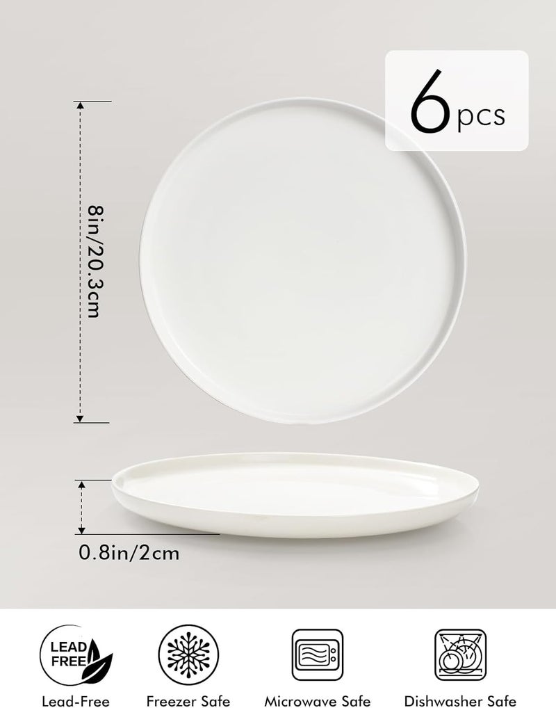 AISBUGUR White Dinner Plates with Lip Edge Set of 6 Salad Plate 8inch Ceramic Dessert Plates for Kitchen Microwave  Dishwasher Safe Scratch Resistant Great Gift - Image 2