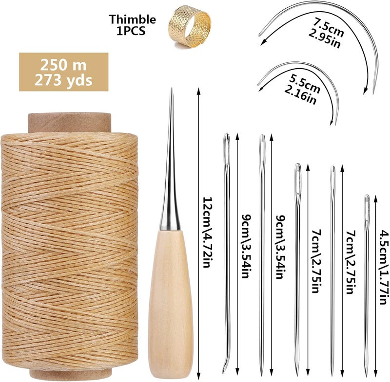 SUVSOON 273 Yards Leather Waxed Thread Kit, Upholstery Repair Waxed Thread Including Needle Awl Thimble, Leather Sewing Kit for Carpet Sofa Seat Shoe Sewing(Natural Color) - Image 2