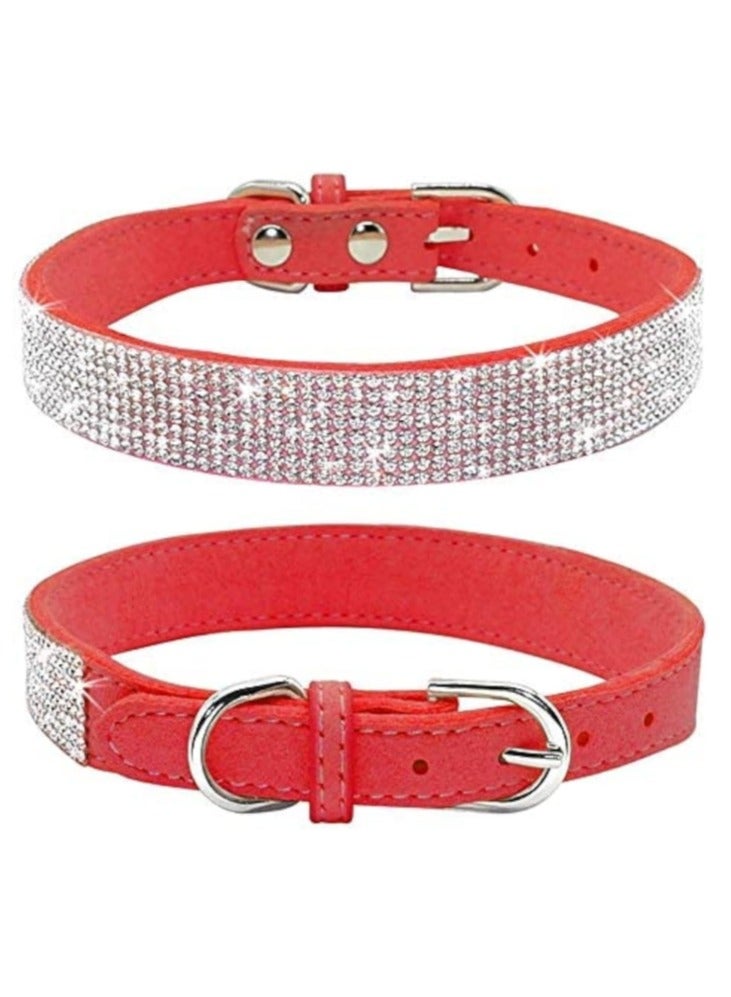 طوق قطط وطوق كلب صغير مرصع بأحجار الراين، قماش مخملي قابل للتعديل. طوق أحمر - Image 1