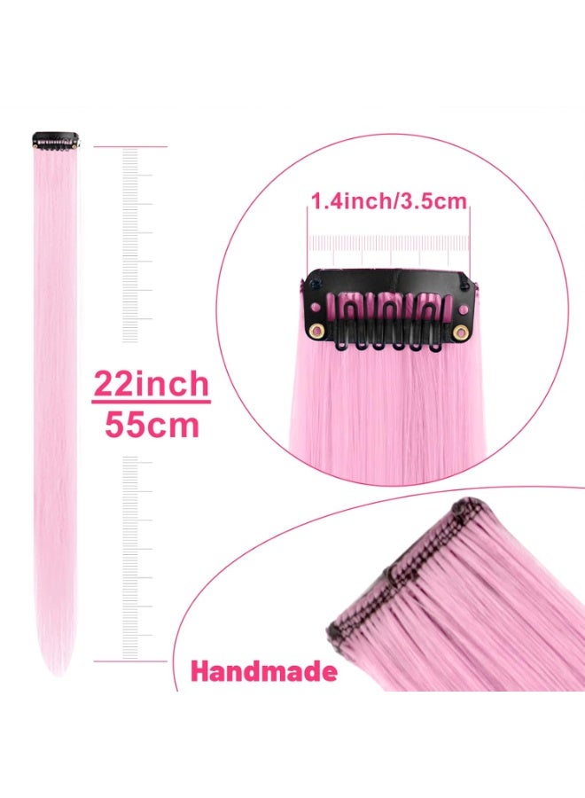Bukela 22 Inch Colored Hair Extensions, Pink Color Long Straight Highlights Party Clip in Synthetic Colorful Hair Extensions for Girls Women Kids Favor Birthday Gift(10 PCS Light Pink) - Image 2