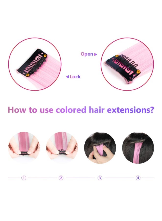 Bukela 22 Inch Colored Hair Extensions, Pink Color Long Straight Highlights Party Clip in Synthetic Colorful Hair Extensions for Girls Women Kids Favor Birthday Gift(10 PCS Light Pink) - Image 4