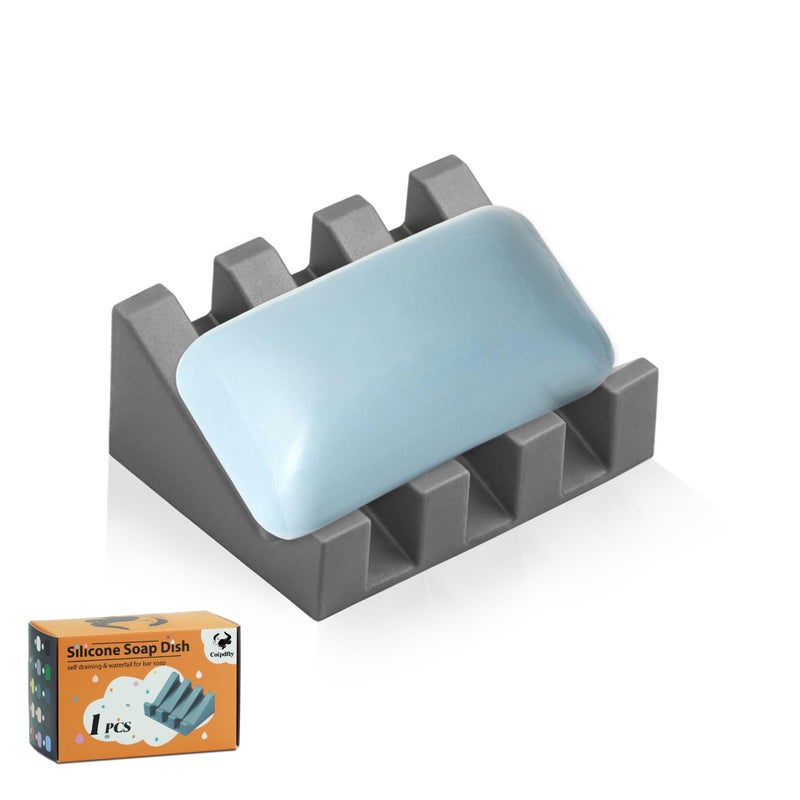 Coipdfty Soap Dishes, Silicone Shower Soap Dish with drianage, Bar Soap Holder & Saver Waterfall Self-Draining to Keep Your Bar Soap Organized and Clean (Grey) - Image 1
