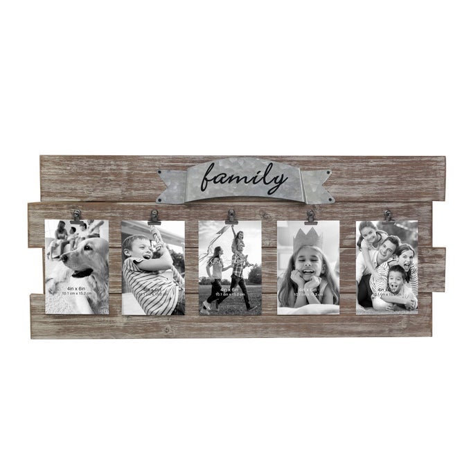 RUSTIC WOOD COLLAGE PICTURE FRAME WITH CLIPS AND METAL DETAIL BROWN 26 X 11