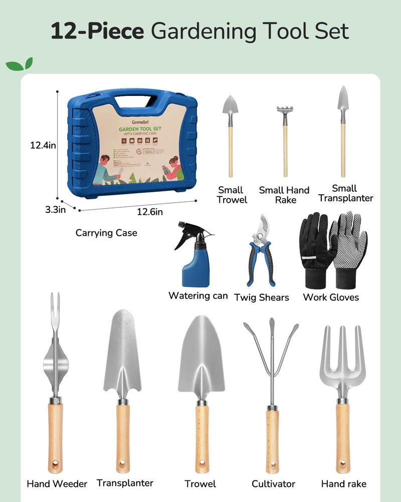 Grenebo 12-Piece Gardening Tool Set for Men, Rust-Proof & Heavy-Duty Hand Garden Tools with Sturdy Blue Carrying Case, Practical & Stylish Gardening Gifts for Men (Blue) - Image 2