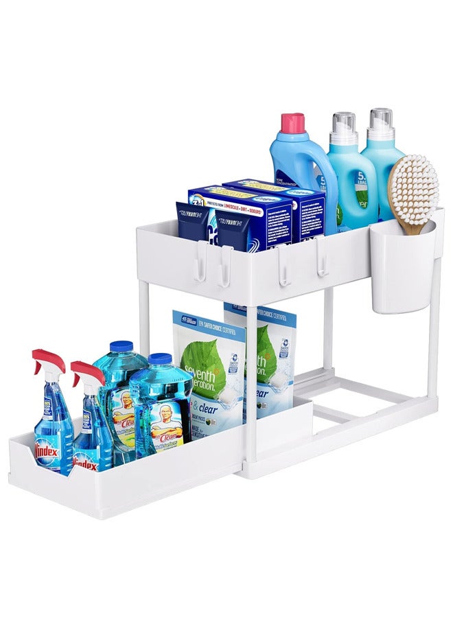 Under Sliding Cabinet Basket Organizer, 2 Tier Storage Under Cabinet Bathroom Under Sink Organizers and Storage Under Sink Storage, with Hooks and Hanging Cup, for Kitchen&Bathroom(White)  - Image 1