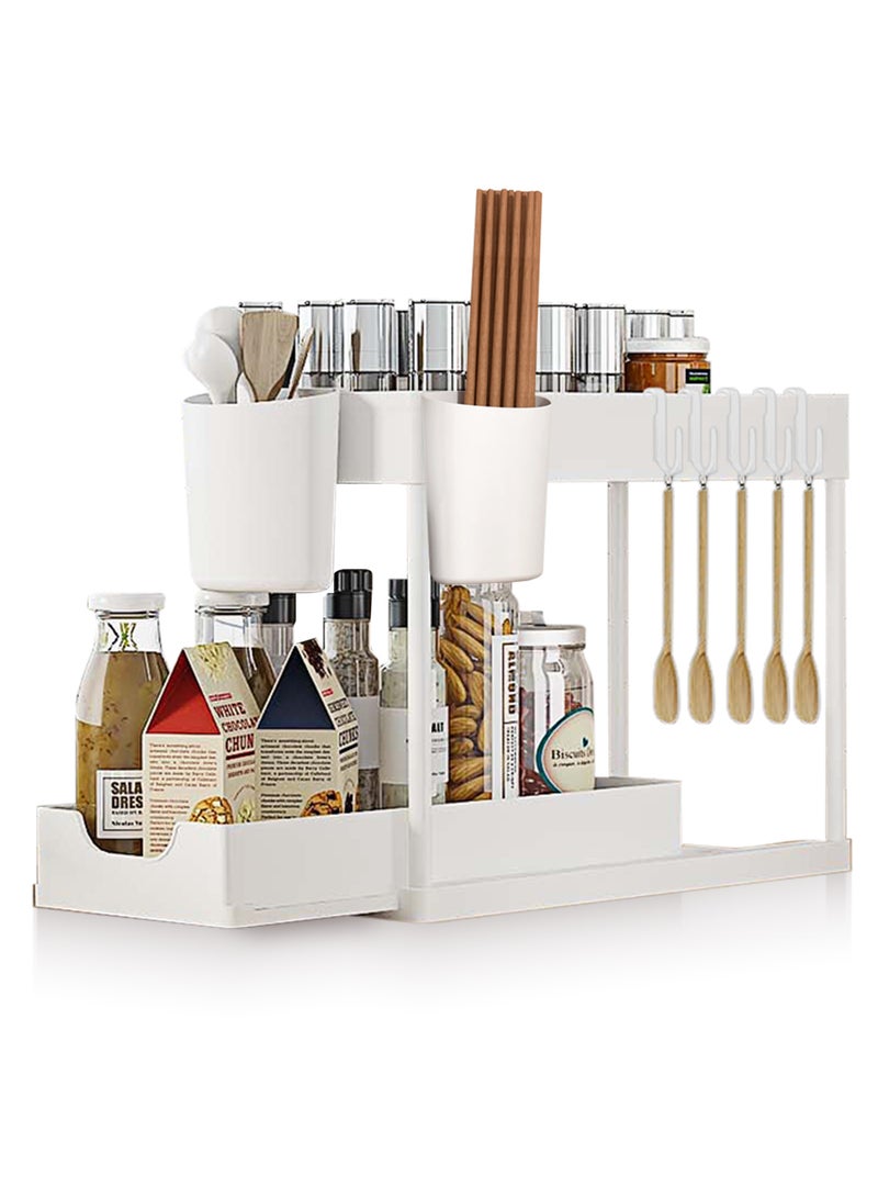 Under Sliding Cabinet Basket Organizer, 2 Tier Storage Under Cabinet Bathroom Under Sink Organizers and Storage Under Sink Storage, with Hooks and Hanging Cup, for Kitchen&Bathroom(White)  - Image 2