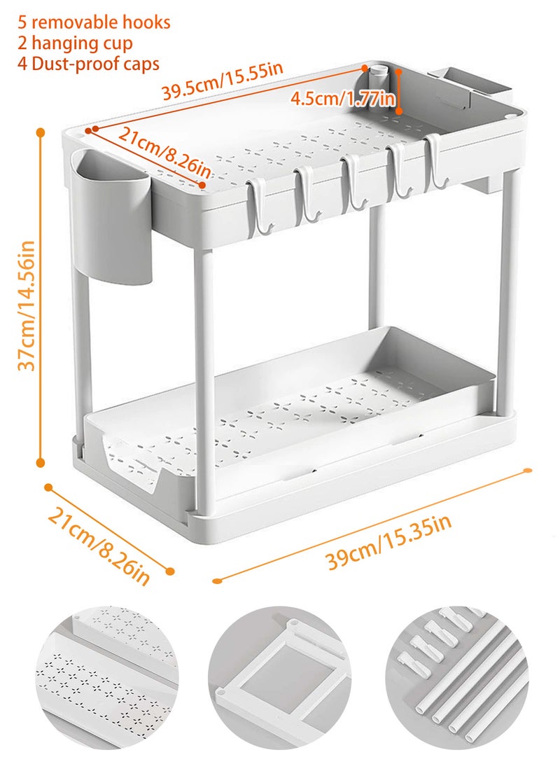 Under Sliding Cabinet Basket Organizer, 2 Tier Storage Under Cabinet Bathroom Under Sink Organizers and Storage Under Sink Storage, with Hooks and Hanging Cup, for Kitchen&Bathroom(White)  - Image 3