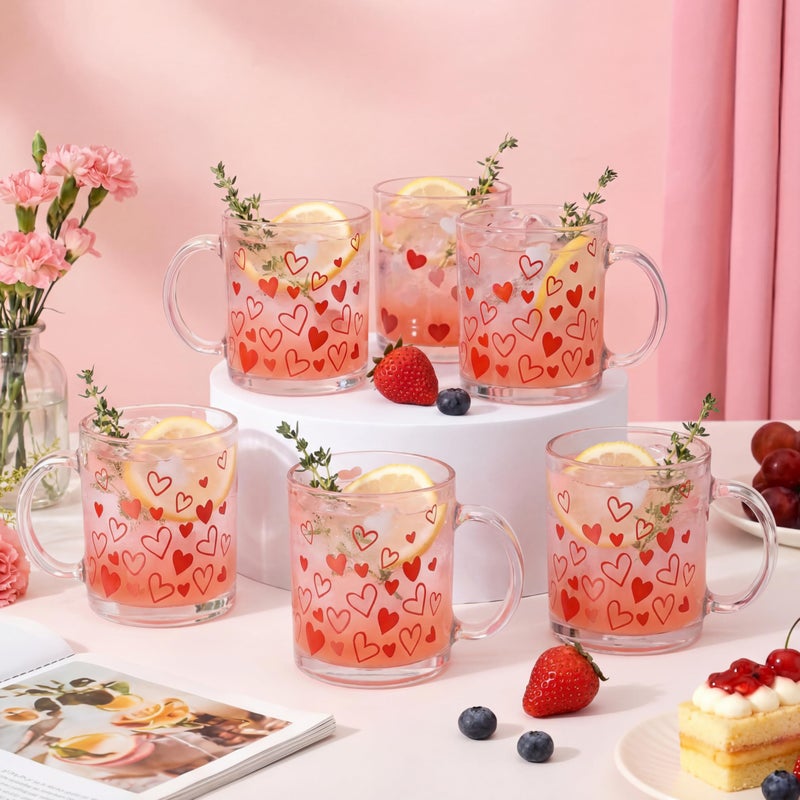 Maxcheck 6 Pack 12 oz Valentines Day Heart Coffee Mugs Glass Cups Love Drinking Glasses for Galentine's Day Party Supplies Gifts - Image 1