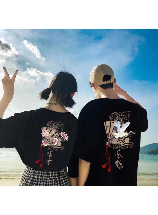 VUELO فستان زوجين على الطراز الصيني تي شيرت عودة تشانغ آن إلى الوطن للرجال والنساء بأكمام قصيرة فضفاضة من القطن على الطراز الغربي بأكمام نصفية - Image 1