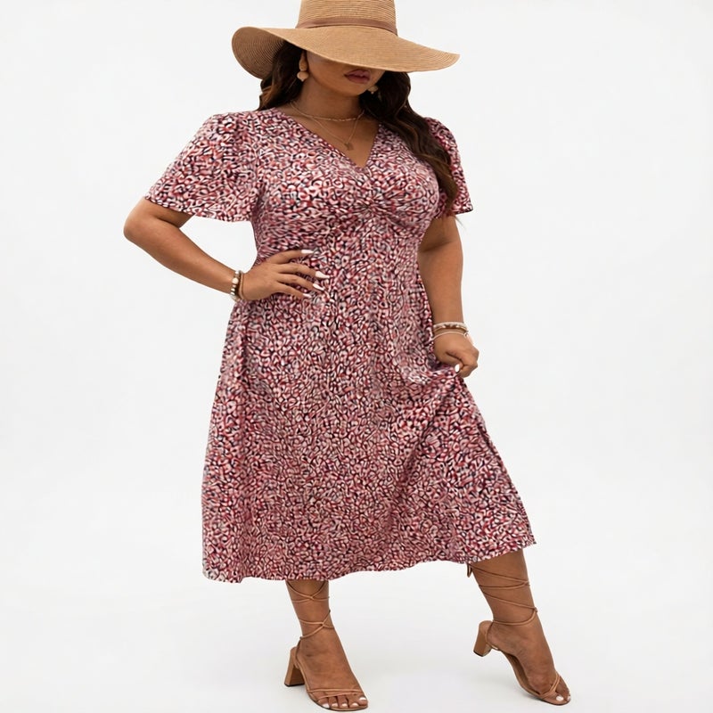 V Neck Floral Print Twist Plus Size Dress - Image 1