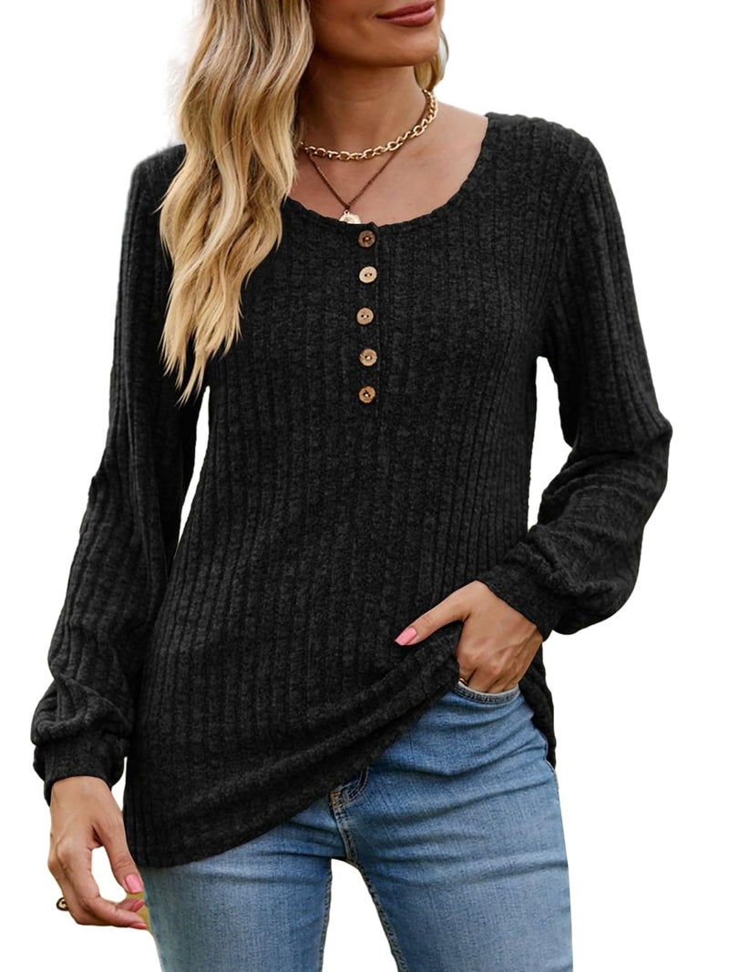DB MOON Womens Lightweight Sweaters 2026 Long Sleeve Henley Shirt Fall Casual Crewneck Tunic Tops L Black - Image 2
