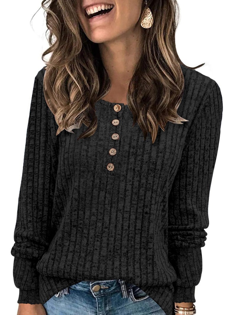 DB MOON Womens Lightweight Sweaters 2026 Long Sleeve Henley Shirt Fall Casual Crewneck Tunic Tops L Black - Image 1
