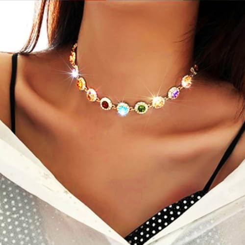 ACEDRE Colorful Crystal Choker Necklace Sparkly Rhinestone Chokers Necklaces Gold Chain Party Prom Neck Jewelry for Women (1-Colorful) - Image 4