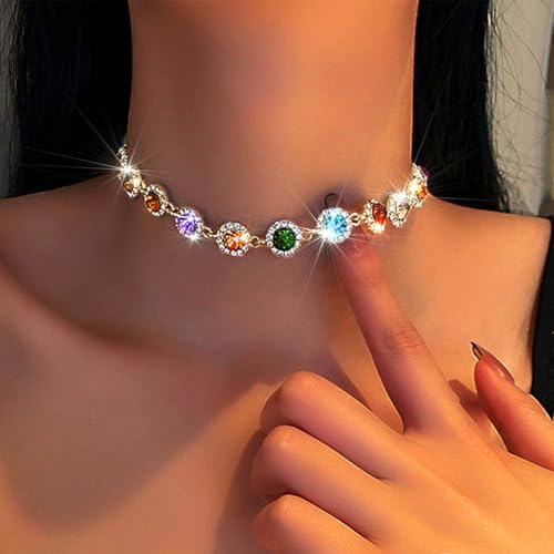 ACEDRE Colorful Crystal Choker Necklace Sparkly Rhinestone Chokers Necklaces Gold Chain Party Prom Neck Jewelry for Women (1-Colorful) - Image 2