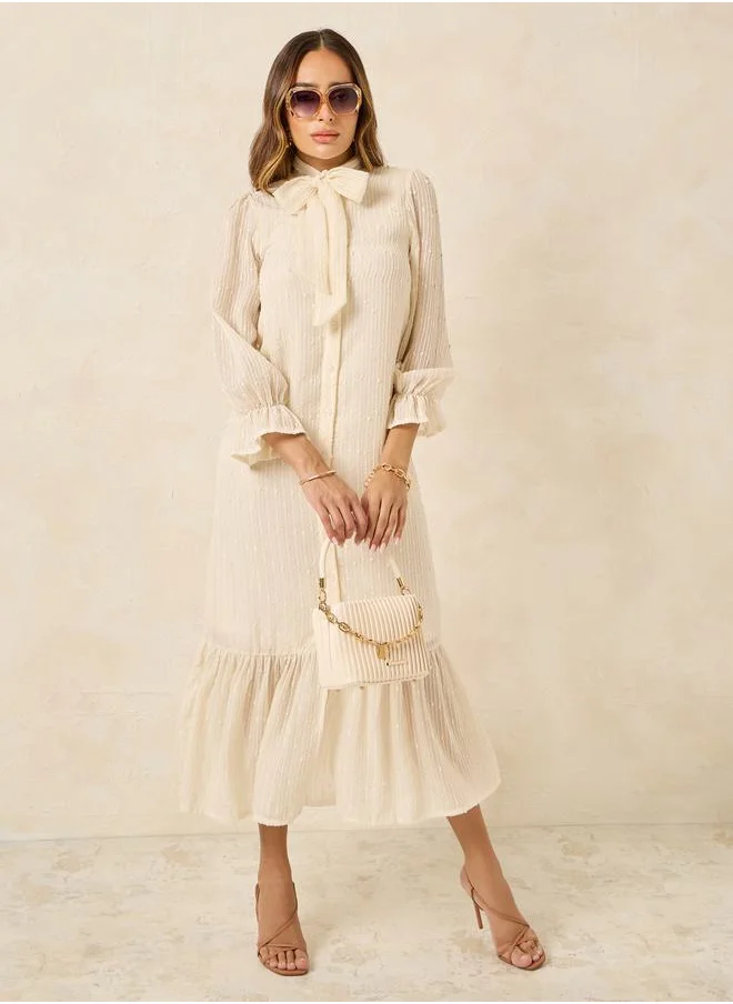 ستايلي Dobby Tie-Up Neck Ruffle Hem Shift Midi Dress