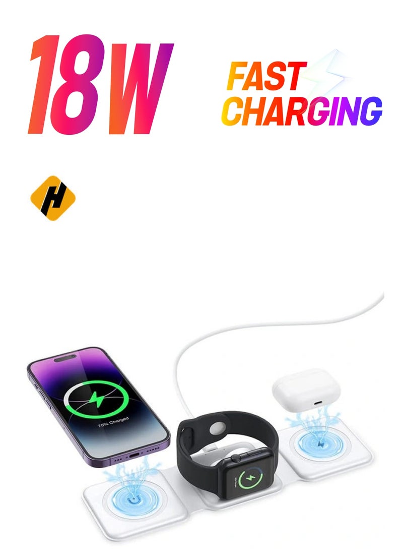 HuHa 3 in 1 Wireless Charger, Foldable Magnetic Charger Station, 18W Fast Wireless Charging Pad, Compatible with iPhone 14/13/12/11, Samsung Galaxy, AirPods, Google Pixel, Apple Watch  - Image 1