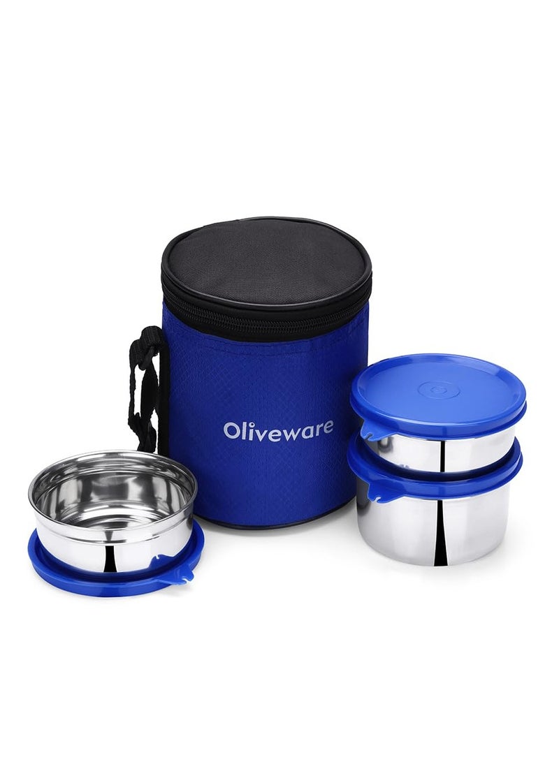 oliveware oliveware lovely stylo lunch xox, leak proof and BPA free lid, three stainless steel containers (2x290ml and 450ml), fabric jacket - blue  - Image 1