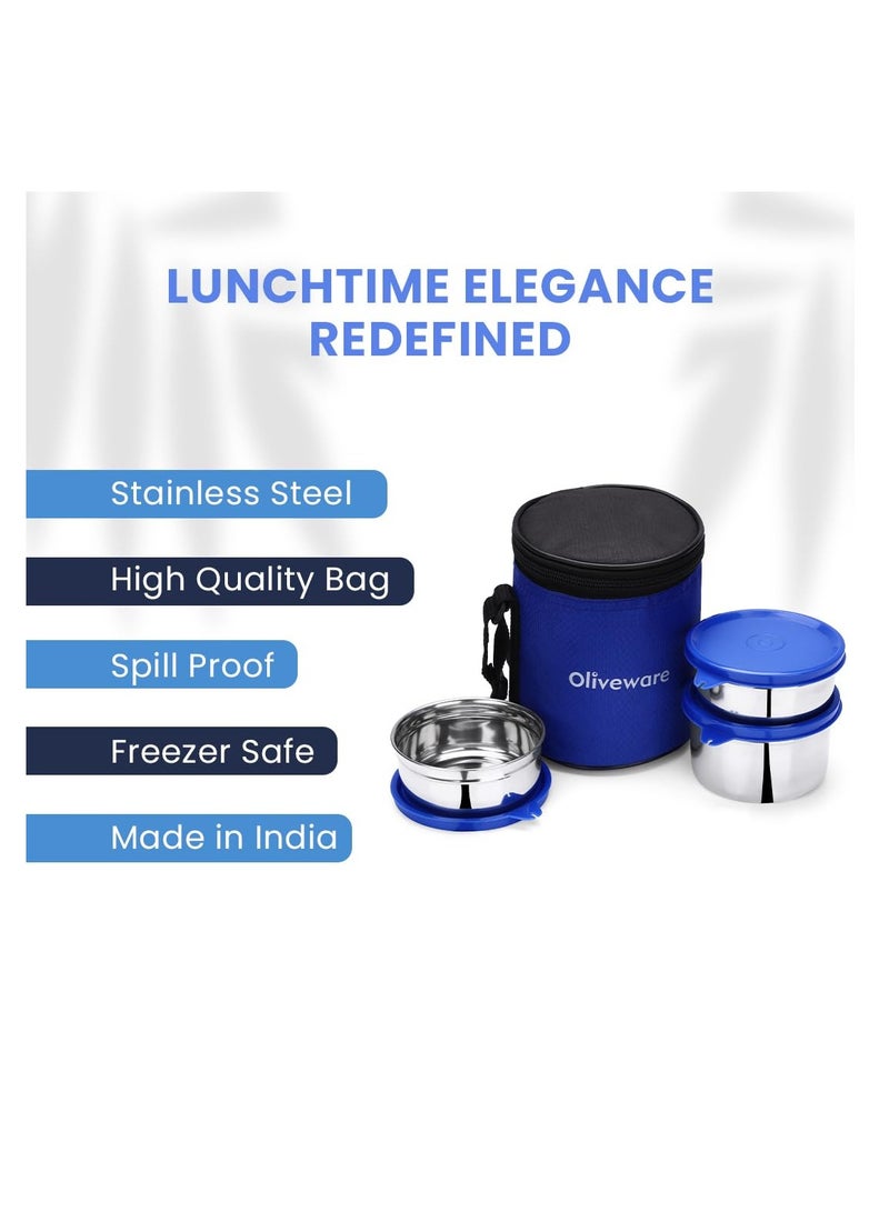 oliveware oliveware lovely stylo lunch xox, leak proof and BPA free lid, three stainless steel containers (2x290ml and 450ml), fabric jacket - blue  - Image 3