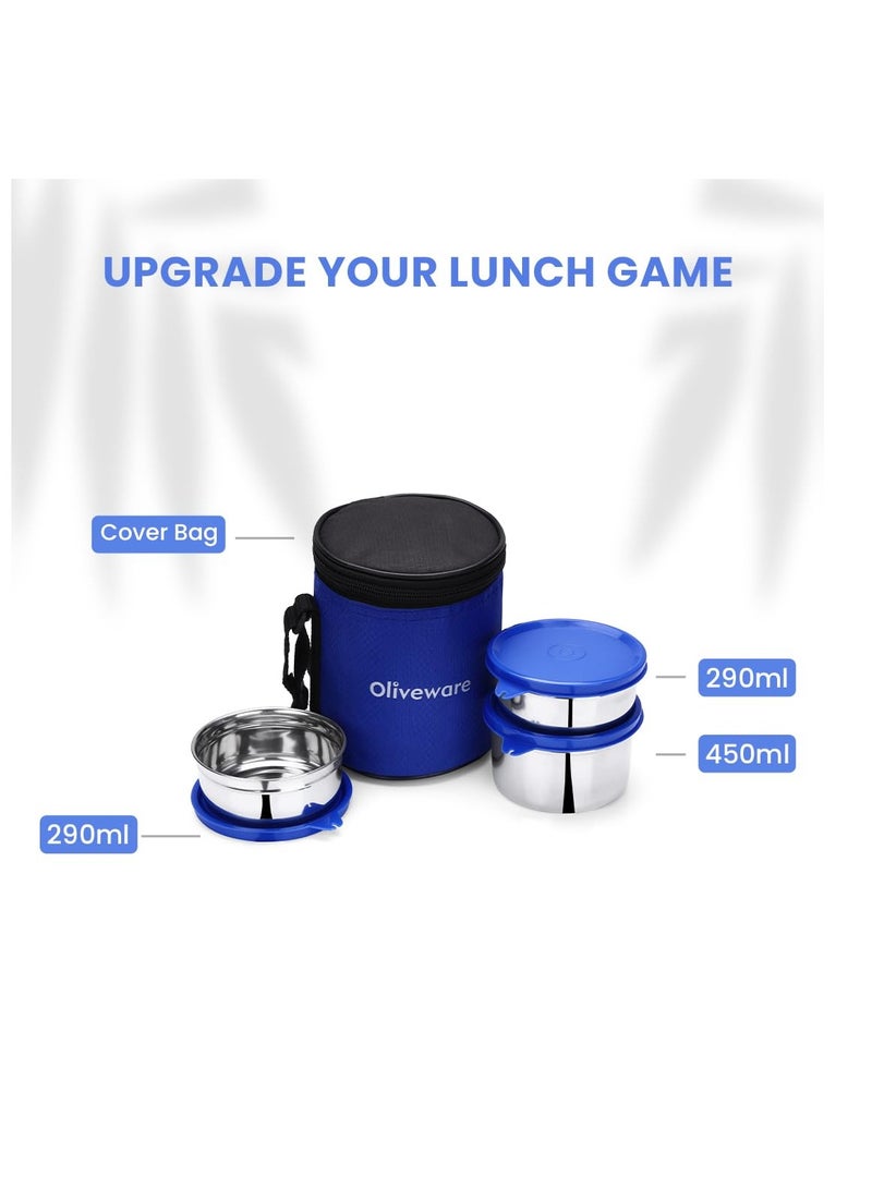 oliveware oliveware lovely stylo lunch xox, leak proof and BPA free lid, three stainless steel containers (2x290ml and 450ml), fabric jacket - blue  - Image 4