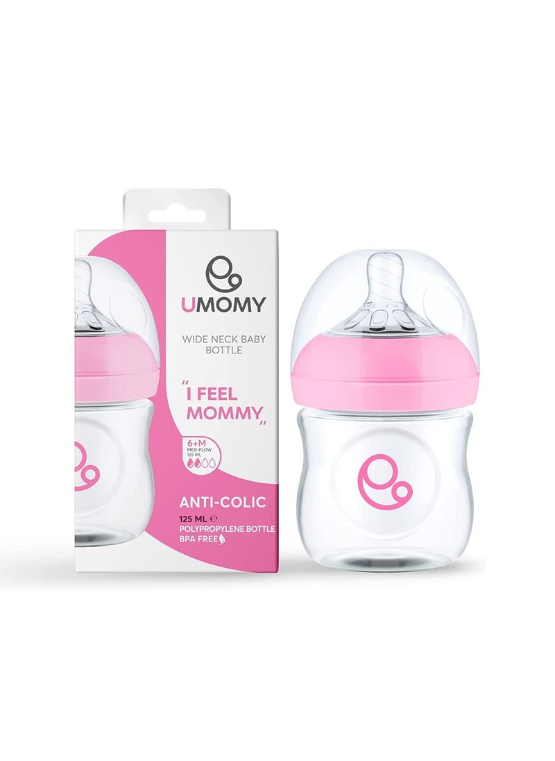 Umomy - 6M Baby Bottles for Newborn, PP Anti-Colic Infant Bottles, Silicone Rubber Teat, Wide Neck Breast-Like Nipple, BPA Free Medium Flow, Pink, 125ml - Image 1