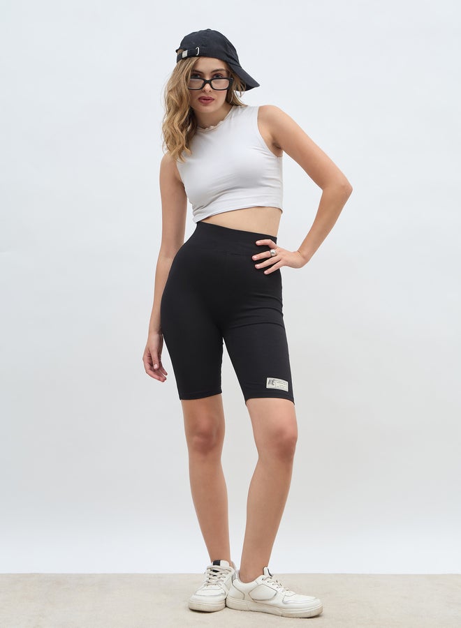 Styli Solid Cycling Shorts with Badge Details  - Image 1