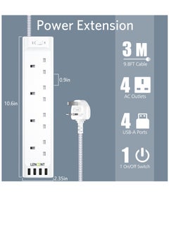 لينسينت وصلة تمديد LENCENT 3M مع فتحات USB ، شريط طاقة 4 منافذ مع 4 منافذ USB ، تمديد قابس متعدد الطاقة مع سلك تمديد مضفر 3M للمكتب المنزلي ، 3250 وات 13 أمبير  - Image 3