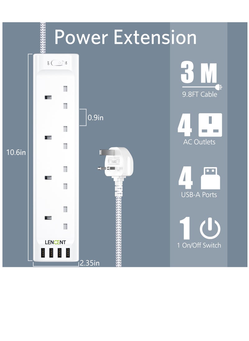 Lencent - LENCENT 3M Extension Lead with USB Slots,4 Way Outlets Power Strip with 4 USB Ports,Multi Power Plug Extension with 3M Braided Extension Cord for Home Office,3250W 13A - Image 1
