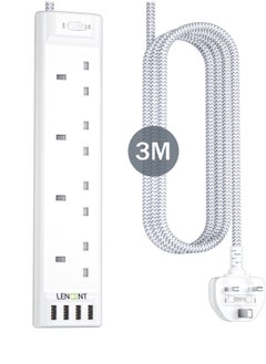 لينسينت وصلة تمديد LENCENT 3M مع فتحات USB ، شريط طاقة 4 منافذ مع 4 منافذ USB ، تمديد قابس متعدد الطاقة مع سلك تمديد مضفر 3M للمكتب المنزلي ، 3250 وات 13 أمبير  - Image 1