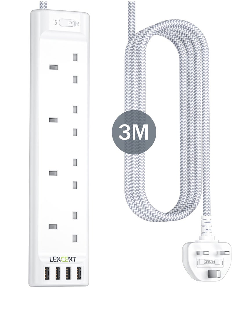 Lencent - LENCENT 3M Extension Lead with USB Slots,4 Way Outlets Power Strip with 4 USB Ports,Multi Power Plug Extension with 3M Braided Extension Cord for Home Office,3250W 13A - Image 1