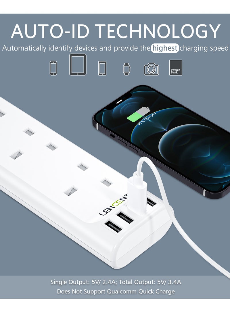 Lencent - LENCENT 3M Extension Lead with USB Slots,4 Way Outlets Power Strip with 4 USB Ports,Multi Power Plug Extension with 3M Braided Extension Cord for Home Office,3250W 13A - Image 1