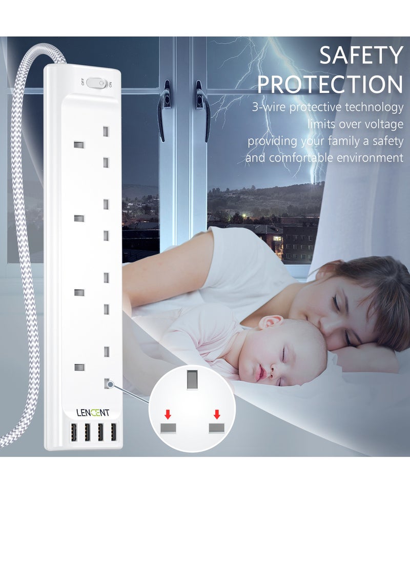 Lencent - LENCENT 3M Extension Lead with USB Slots,4 Way Outlets Power Strip with 4 USB Ports,Multi Power Plug Extension with 3M Braided Extension Cord for Home Office,3250W 13A - Image 1