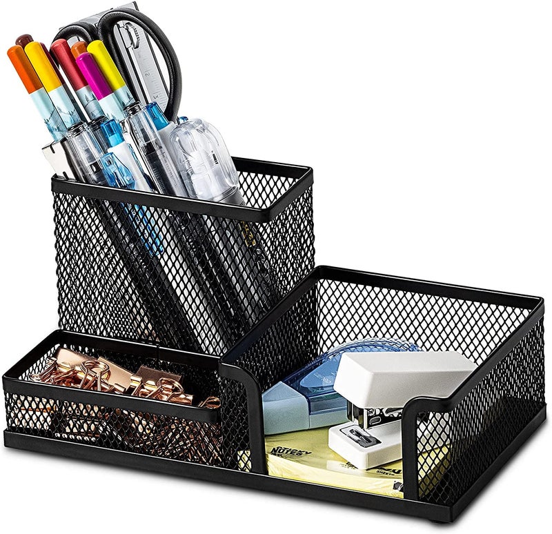 MeRaYo 3 Compartment Metal Mesh Desk Organizer Stationery Pen Stand for Office Study Table (Black Color) - Image 1