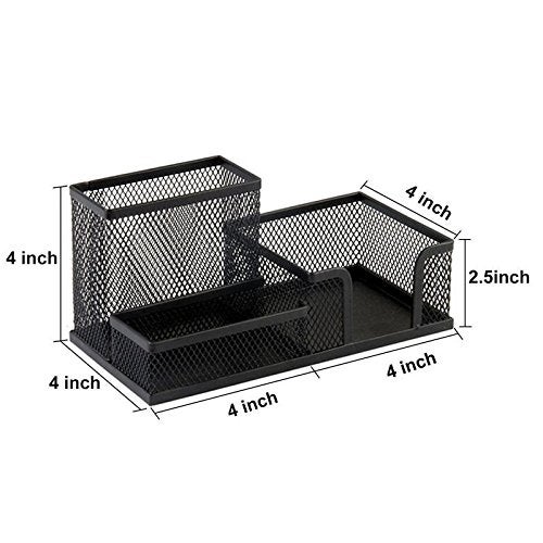 MeRaYo 3 Compartment Metal Mesh Desk Organizer Stationery Pen Stand for Office Study Table (Black Color) - Image 4
