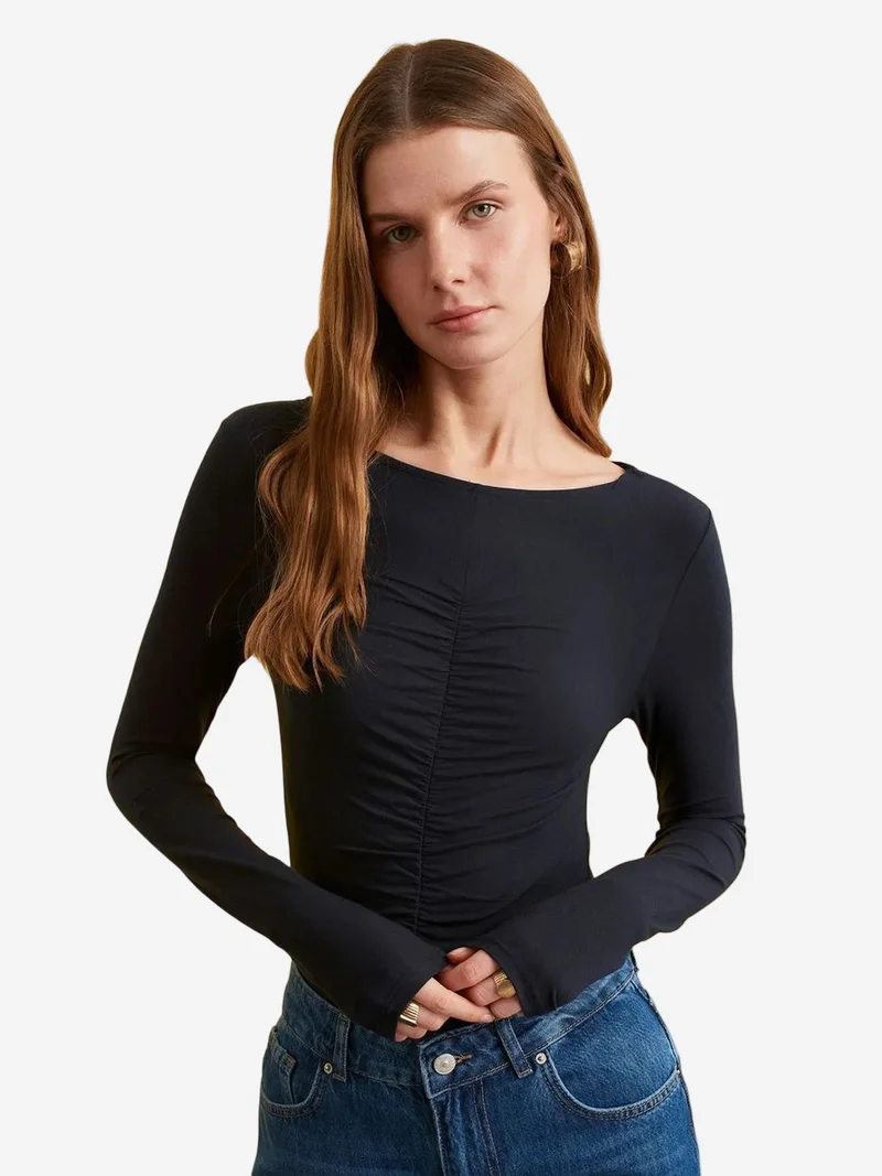 ديلفين DILVIN Slim Fit Boat Neck Long Sleeve Blouse