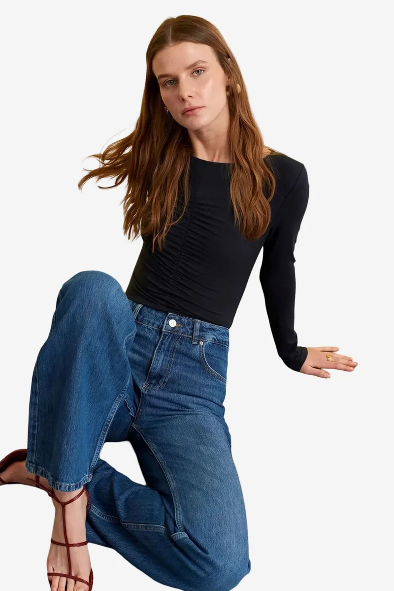 Dilvin Black DILVIN Slim Fit Boat Neck Long Sleeve Blouse for Women | Best Price UAE