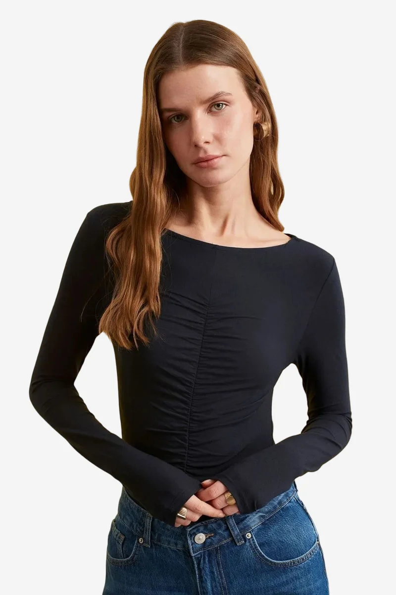 Dilvin DILVIN Slim Fit Boat Neck Long Sleeve Blouse