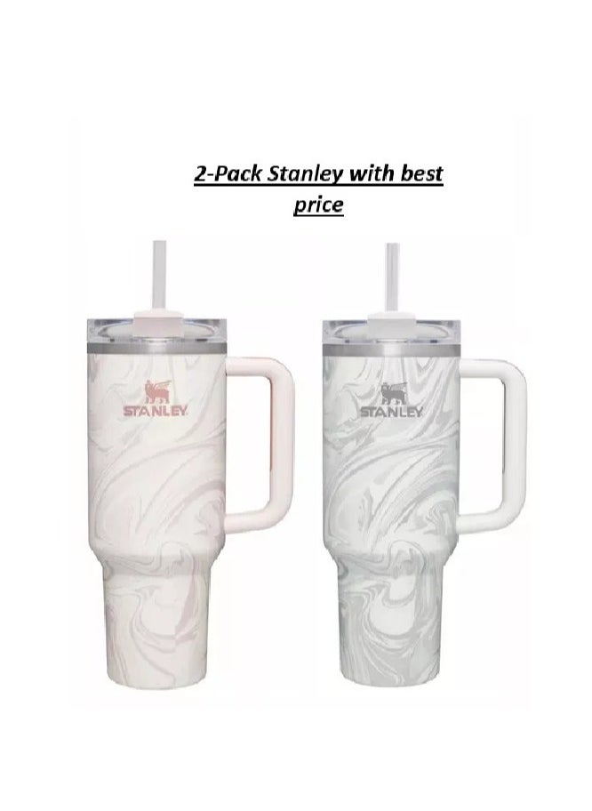 Stanley - 2-Pack Quencher H2.0 FlowState 40oz Stainless Steel Vacuum Insulated Tumbler with Lid & Straw – Rose Quartz & Swirl, Leak-Resistant Double-Walled Design, Keeps Drinks Hot for 7 Hours & Cold for 24 Hours, Ideal for On-the-Go Hydration, Travel & Workouts - Image 1